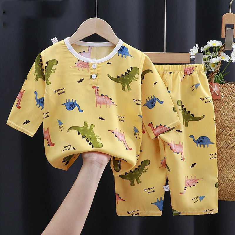 Baby Summer Cotton Silk Clothes featuring a dinosaur print outfit in yellow for toddlers.