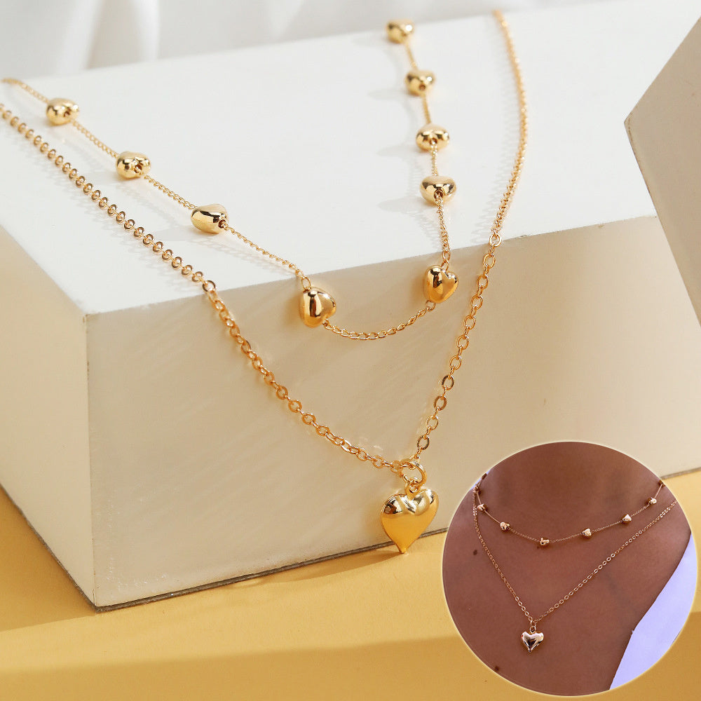 Double-layer Heart Pendant Fine Chain Necklace For Women Multilayer Gold Color Metal Necklaces Fashion Jewelry Accessories sariiholidaycouture