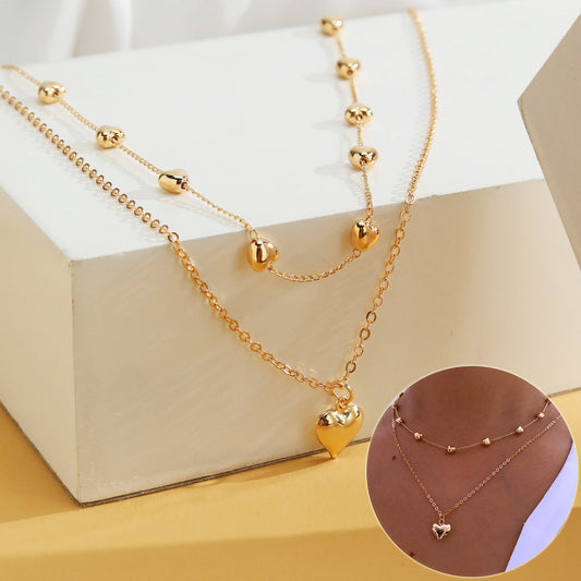 Double-layer Heart Pendant Fine Chain Necklace For Women Multilayer Gold Color Metal Necklaces Fashion Jewelry Accessories sariiholidaycouture