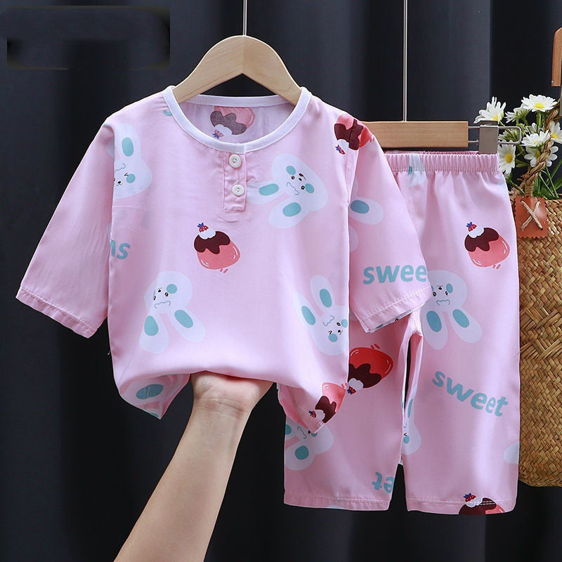 Baby Summer Cotton Silk Clothes featuring cute pink outfit with bunny and ice cream designs.