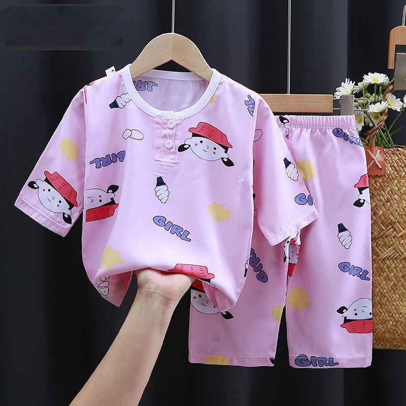 Baby Summer Cotton Silk Clothes featuring cute pink outfit with fun prints for girls.