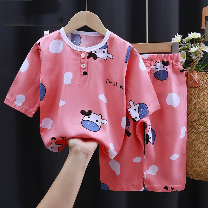 Baby Summer Cotton Silk Clothes featuring a cute pink cow design children's outfit with shorts and shirt.