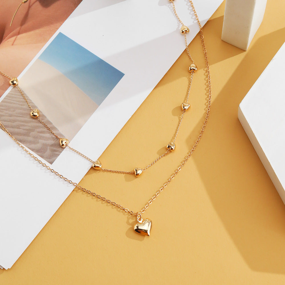 Double-layer Heart Pendant Fine Chain Necklace For Women Multilayer Gold Color Metal Necklaces Fashion Jewelry Accessories sariiholidaycouture