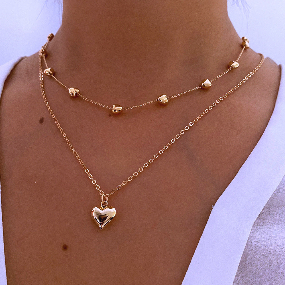 Double-layer Heart Pendant Fine Chain Necklace For Women Multilayer Gold Color Metal Necklaces Fashion Jewelry Accessories sariiholidaycouture