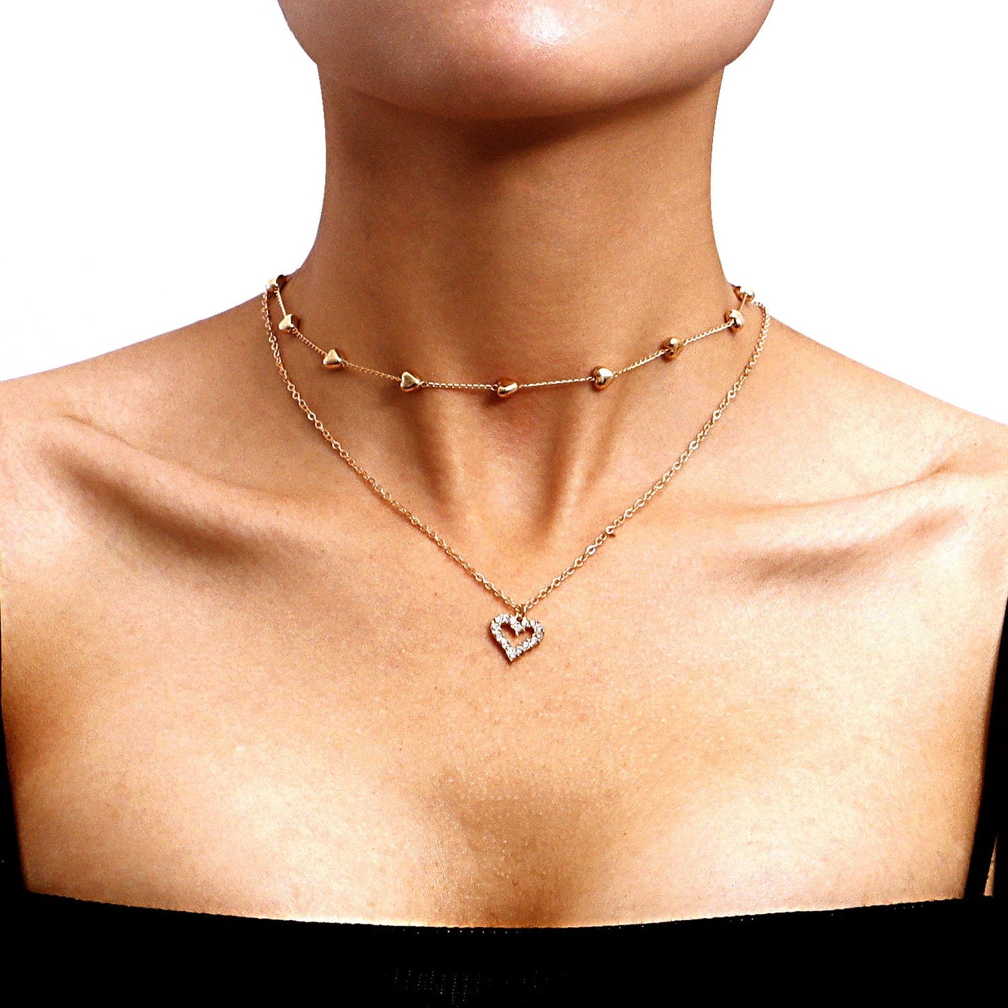 Double-layer Heart Pendant Fine Chain Necklace For Women Multilayer Gold Color Metal Necklaces Fashion Jewelry Accessories sariiholidaycouture